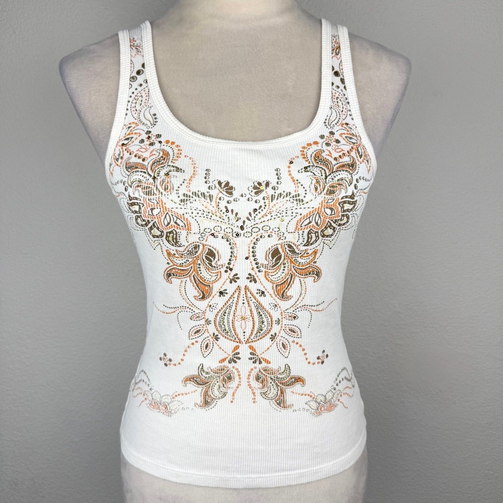 Y2K White Ribbed Sequin Graphic Tank Top Paisley Boho Scoop Neck Sleeveless - Picture 1 of 8